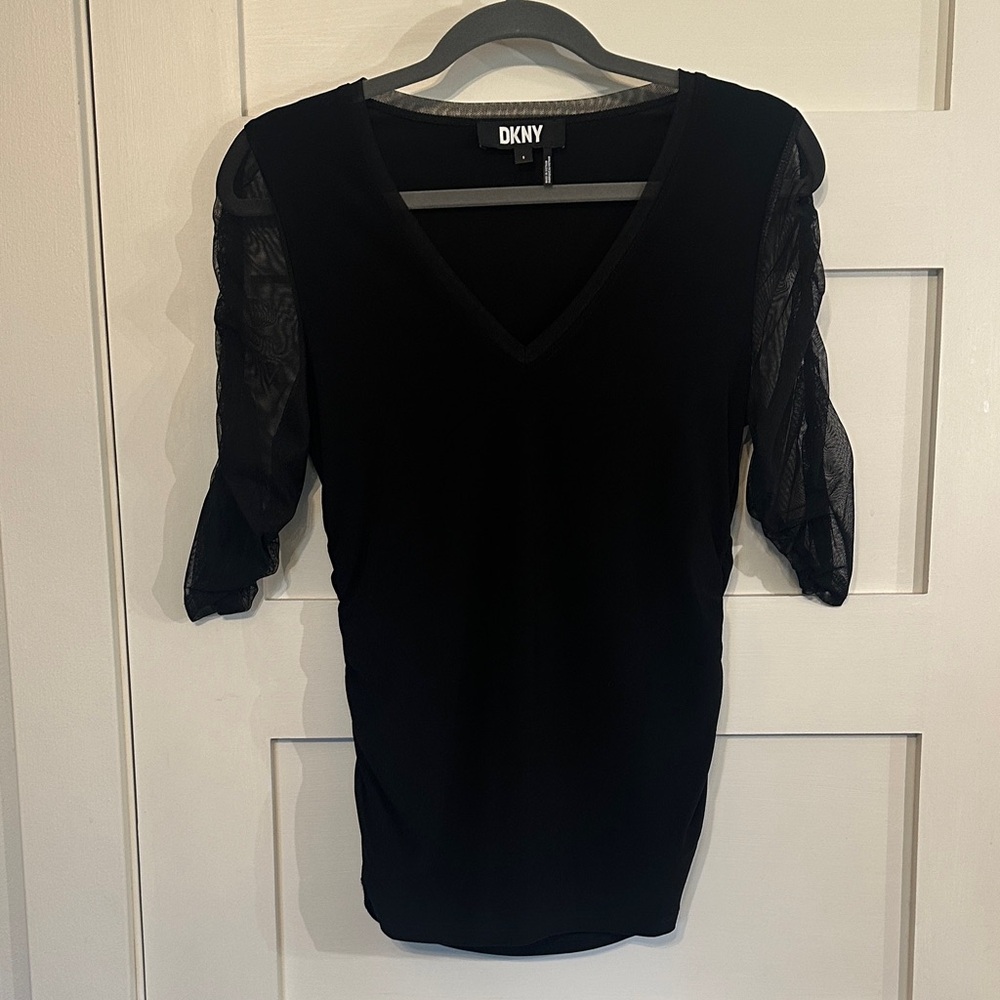 DKNY Black V-Neck Top with Sheer Patterned Sleeves